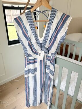 THML V Front Blue White and Coral Striped Midi Dress